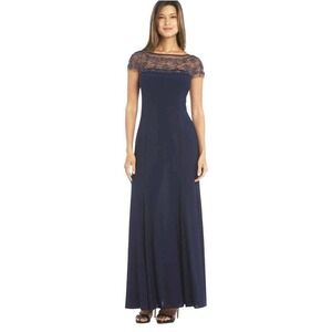 R&M RICHARDS Long Dress with Sheer Beaded Neck and Shoulder Size 10 Navy Blue